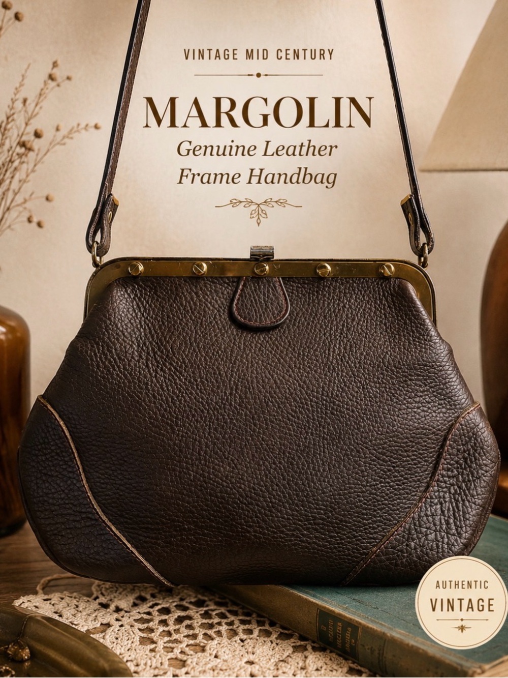 Vintage Margolin Dark Brown Genuine Leather Frame Shoulder Bag